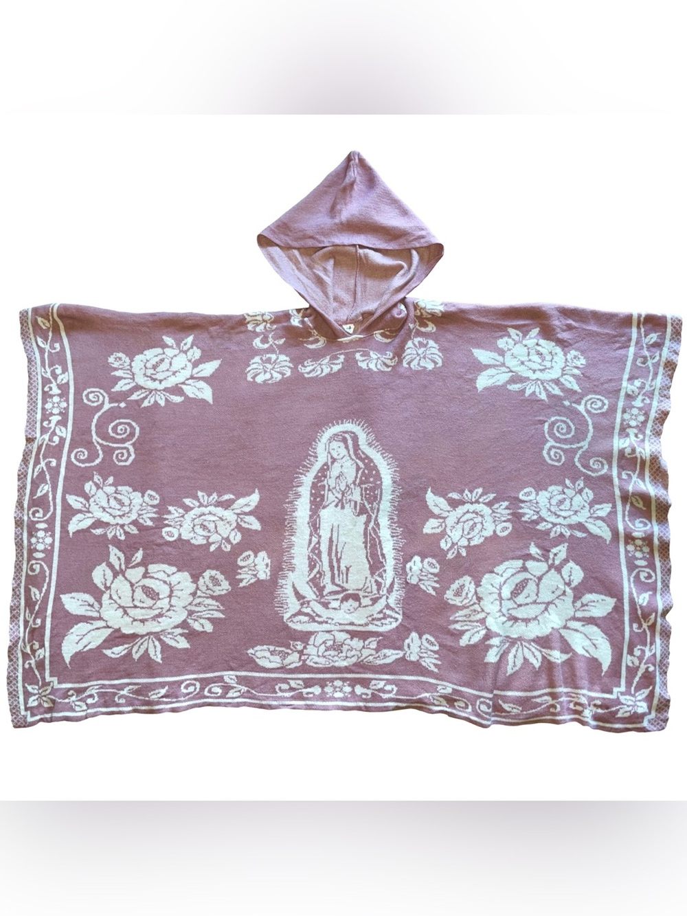 Pink Our Lady of Guadalupe Poncho/Gabán Hoodie Alpaca Wool Ecuador Virgin Roses